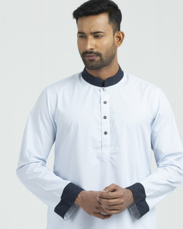 alliamo panjabi light skyblue print contrast matching on collar and cuff with premium button
