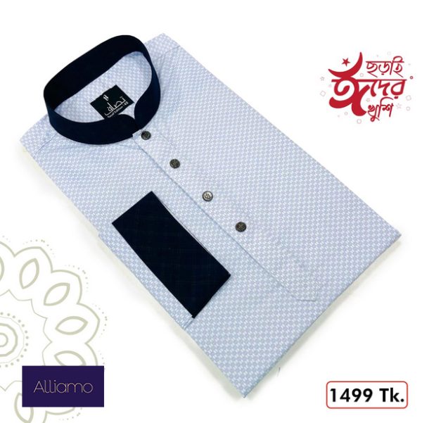 alliamo panjabi light skyblue print contrast matching on collar and cuff with premium button